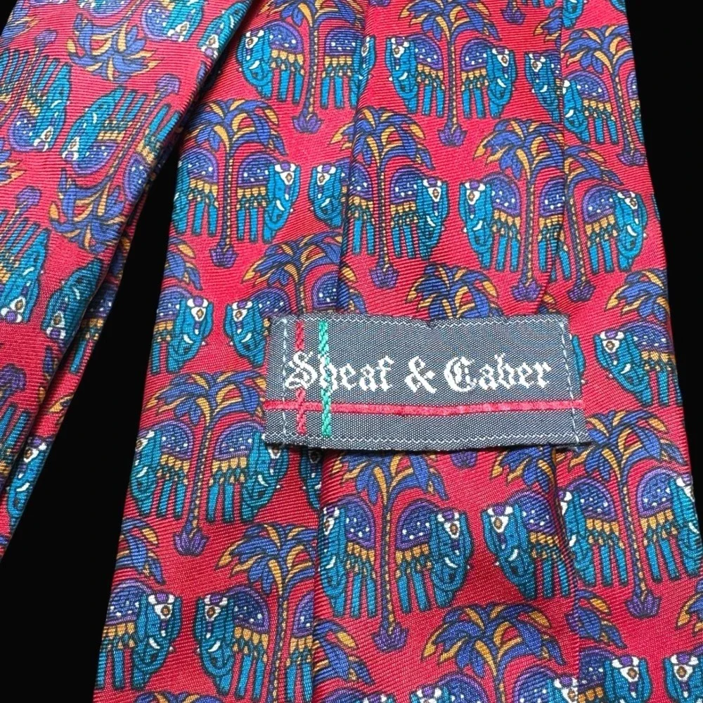 Sheaf & Caber Mens Silk Tie Red Blue Elephant Palm Tree Made in Italy Patterned
